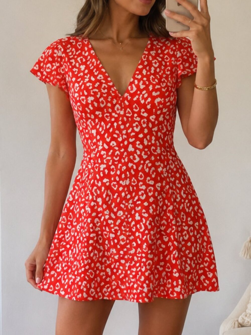 Sugar + Lips Red Leopard Print Fit & Flare Mini Dress Romantic Date Night Dress
